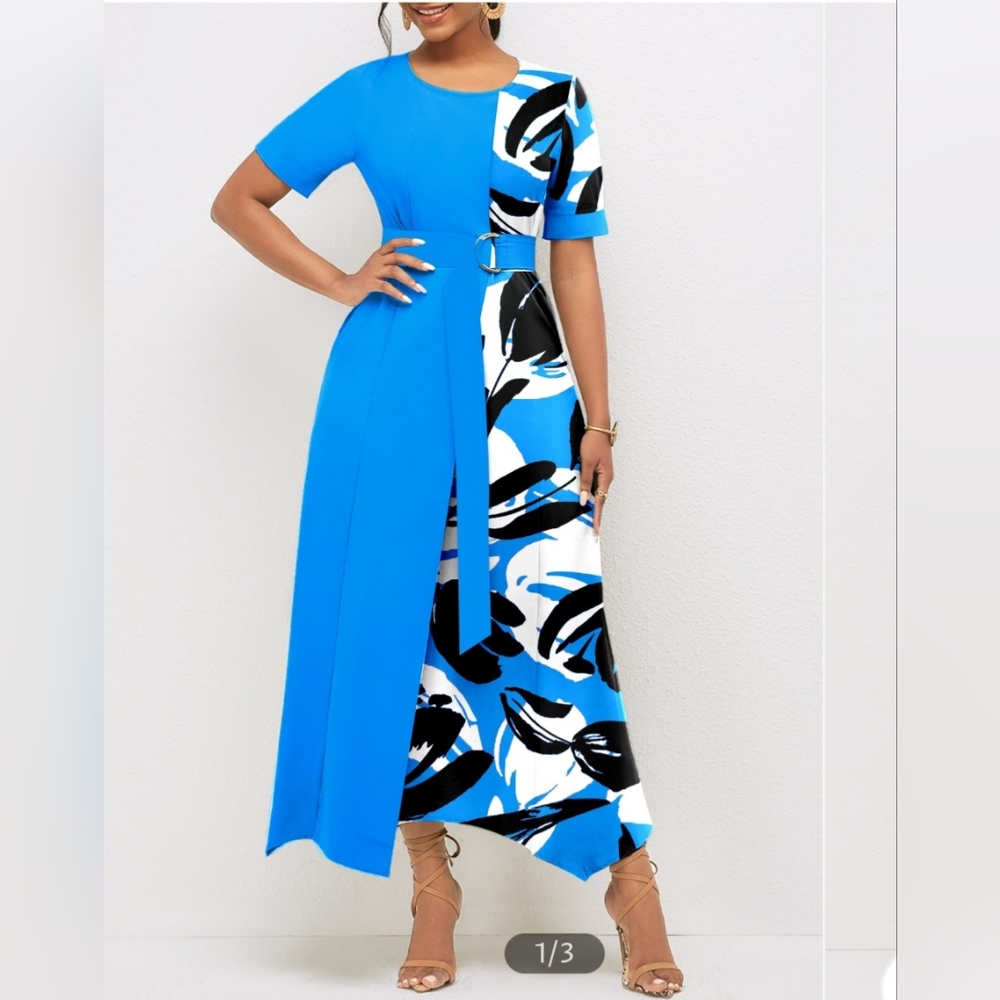 Elegant Blue and Black Patterned Dress